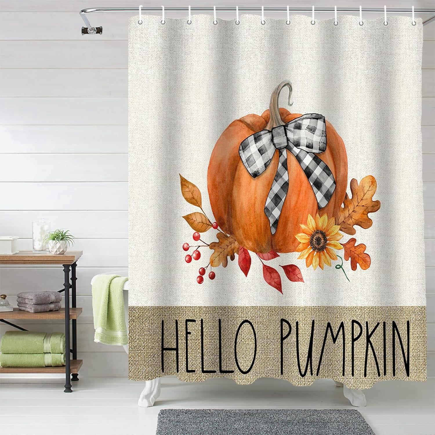 Fall Shower Curtain Hello Pumpkin Shower Curtains for Bathroom Autumn Leaves Sunflower Bath Curtains Sets for Autumn Thanksgiving Seasonal Bathroom Decor Polyester Fabric Waterproof 72 x 72 in