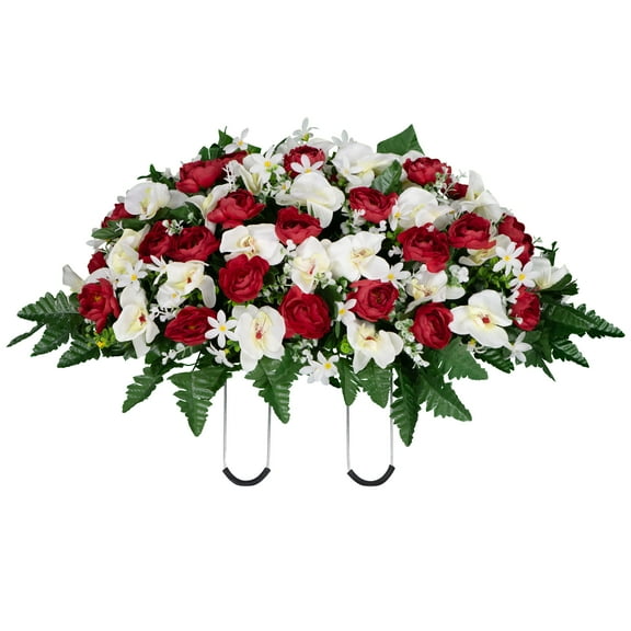 Sympathy Silks Artificial Cemetery Flowers - Red Cabbage Rose and White Orchid - Saddle for Headstone