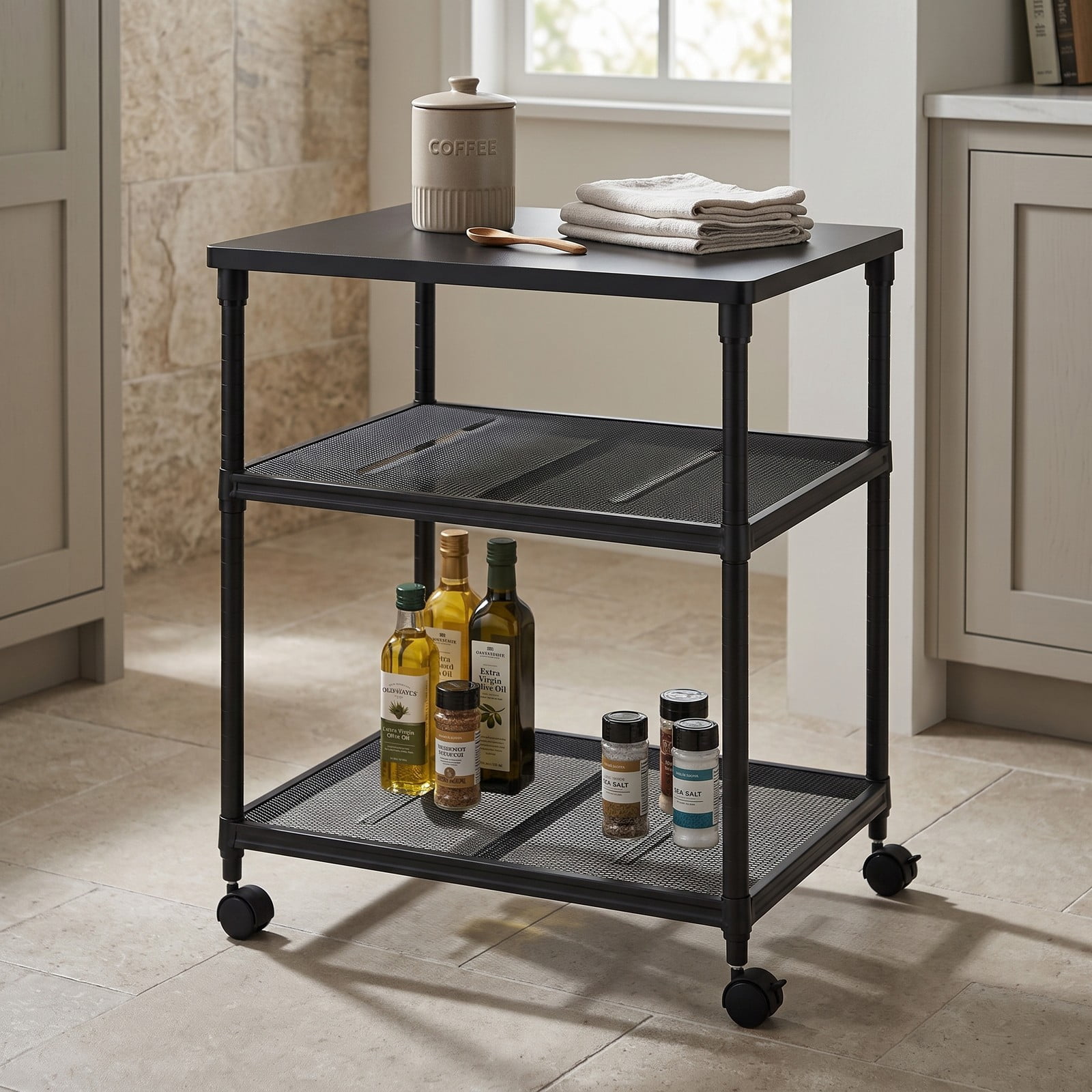 Furnibear 3 Tier Rolling Printer Stand Fax Cart with Adjustable Shelf, Swivel Locking Wheels, Wood Iron Mobile Storage Organizer for Home Office - Black