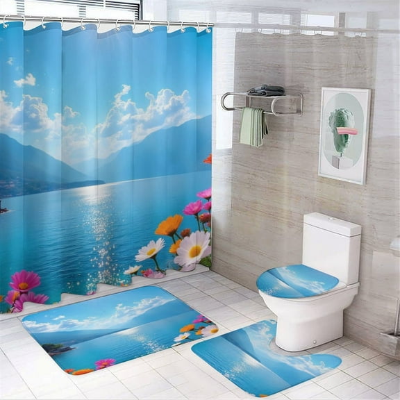 Colorful Flowers by Lake Shower Curtain Bathroom Sets Toilet Lid Rug, Bath Mat And Contour Mat, Shower Curtain 4Pcs