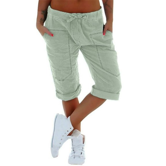 Casual Women Low Waist Solid Color Jogger Capri Pants with Pocket