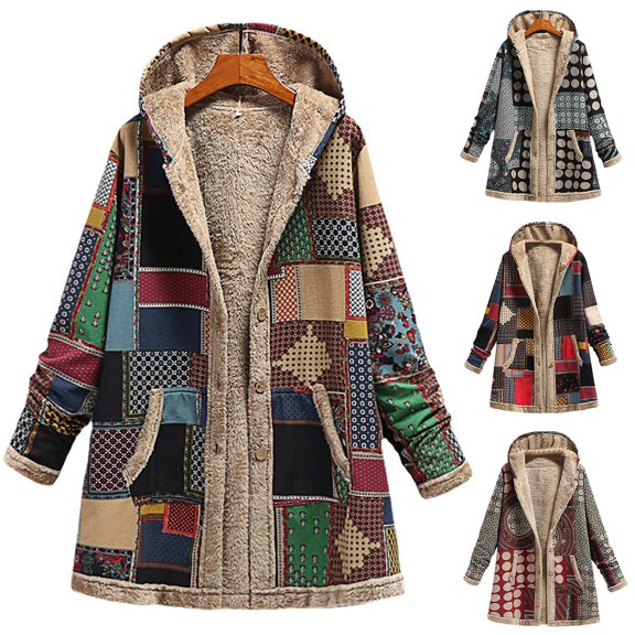 Joernso Women Overcoat Keep Warm Hooded Polyester Ethnic Pattern Winter Coat for Daily Wear