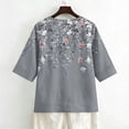 thumbnail image 4 of Boho Floral V Neck T Shirts for Women Cotton Linen 3/4 Sleeve Summer Beach Casual Tops #03Gray L, 4 of 6