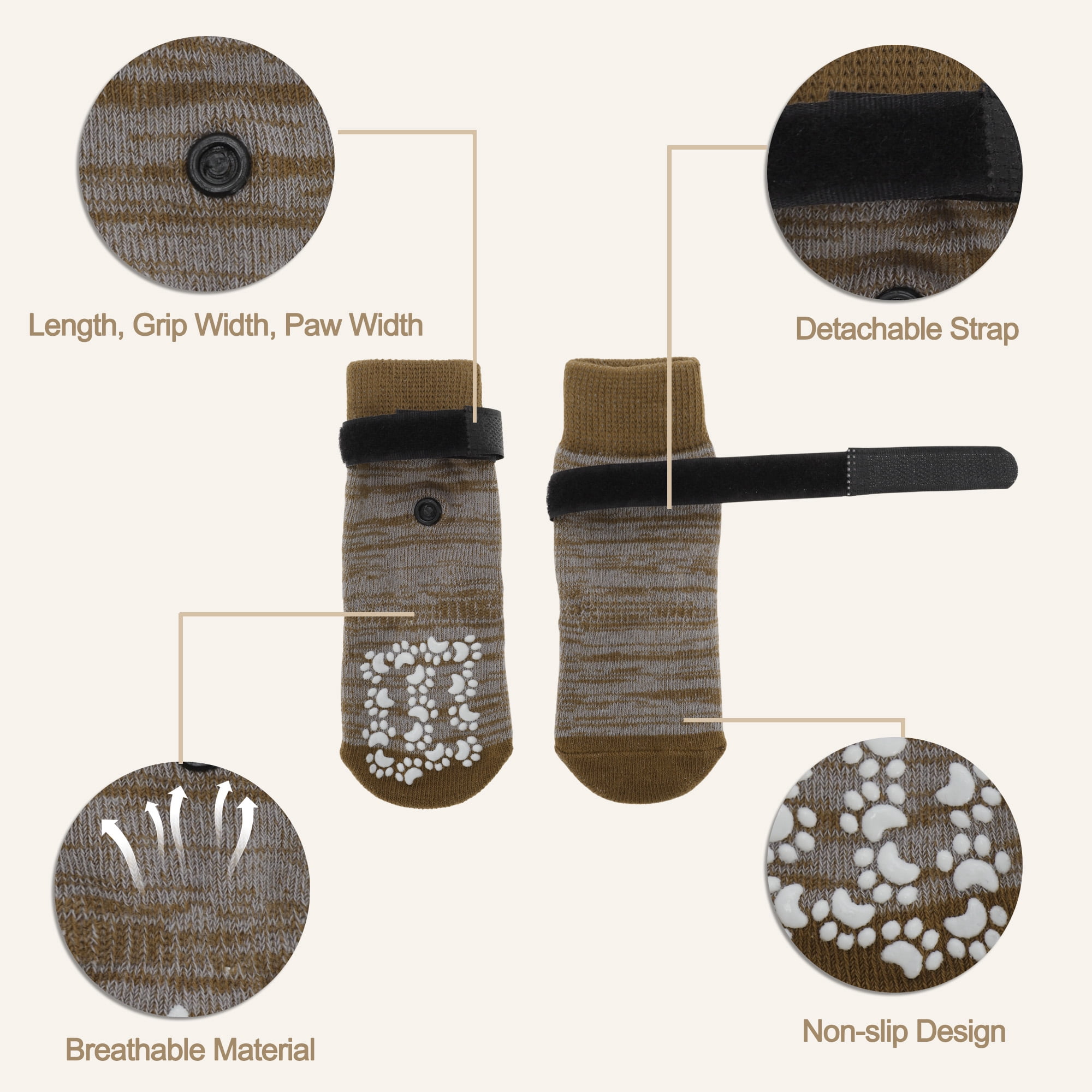 Unique Bargains 4 Pcs Non-Slip Dog Socks with Adjustable Tapes Brown S