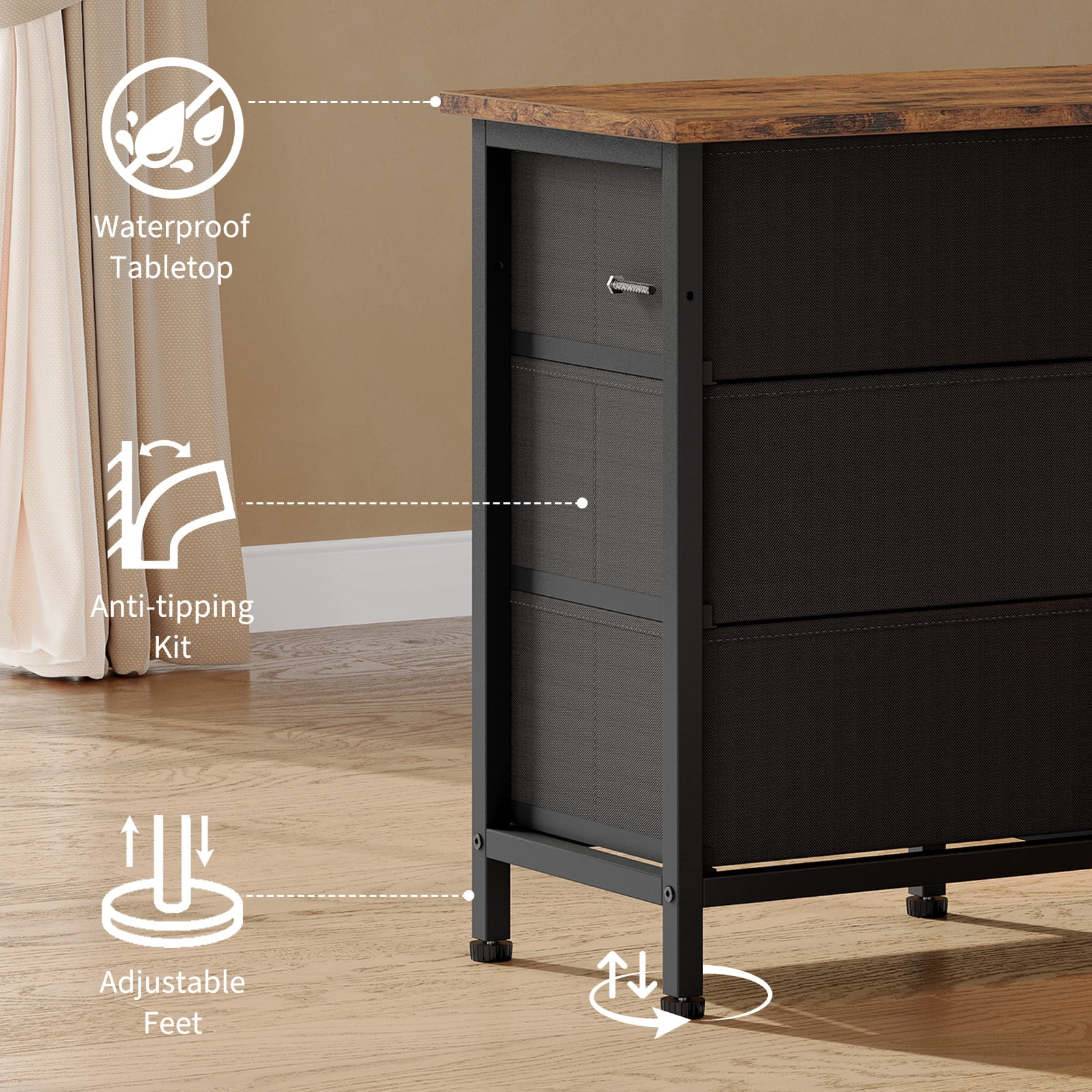 Kicctian 63" Wide Black Dresser with 10 Fabric Drawers Dresser with LED Lights and Power Outlet – Dresser for Bedroom & TV Stand for Living Room,Brown