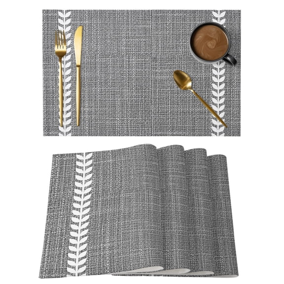 Vintage Dark Grey Placemats Set of 6, Country Pastoral Farmhouse Minimalist Leaf Stripe Non-Slip Place Mats Washable Table Mats for Kitchen Dining Table Decorations Indoor/Outdoor