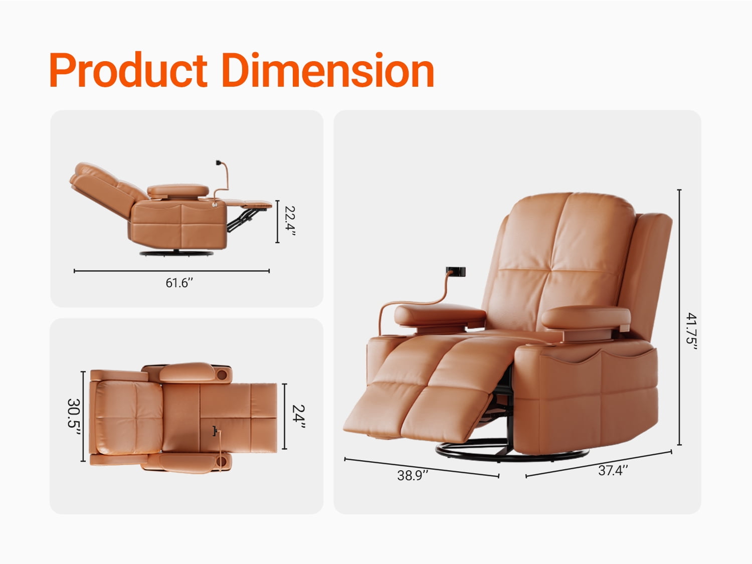 MAMAZING Nursery Rocking Chair Swivel Glider Oversized Recliner with Pockets Electric Power Baby Nursing Chair Brown