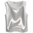 thumbnail image 4 of Womens Workout Tank Tops Women's Elegant Solid Satin Pearl Round Neck Sleeveless Camisole Cami Tops for Women White M, 4 of 4