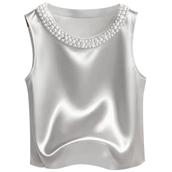 Alun Women's Pearl Beaded Crew Neck Sleeveless Tank Tops Elegant Solid Color Soft Comfortable Going out Tops 2026 Summer Loose Casual Stylish Wear White XL
