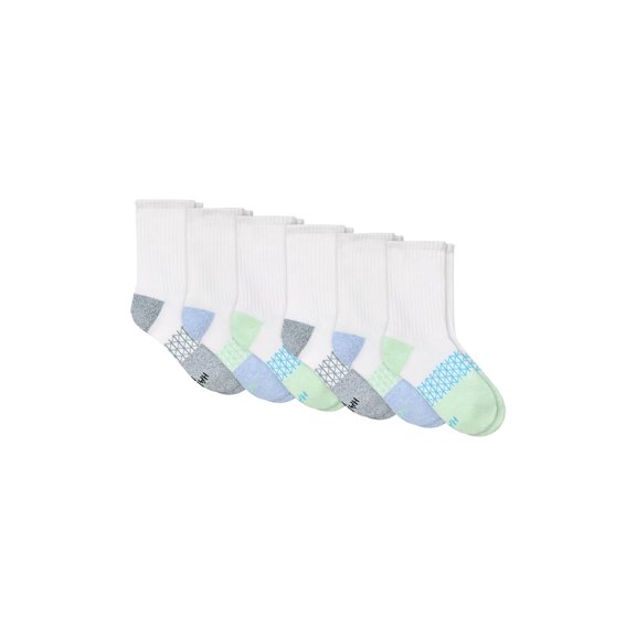 Hanes Absolute Active Girls' Crew Socks Pack, 6-Pack, Cushioned White/Green L