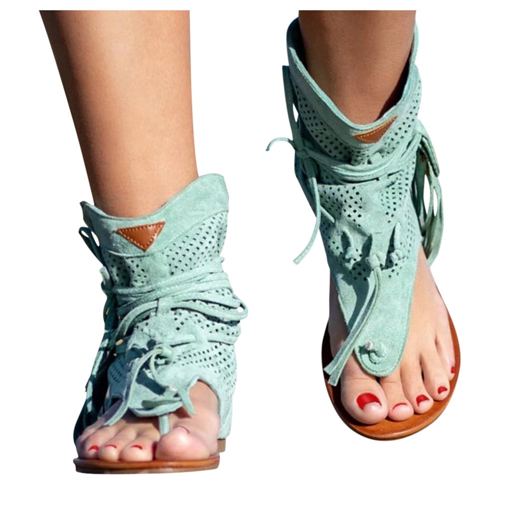 Women's Gladiator Fringe Lace Up Studded Flat Sandals Faux Suede Summer Sandal 