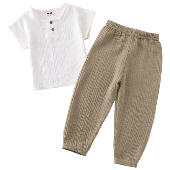 KPOPLK Pajamas for Toddler 2 Piece Baby Boys Snug Fit Long Sleeve Solid Linen PJs Sleepwear Brown Size 6-7 Years