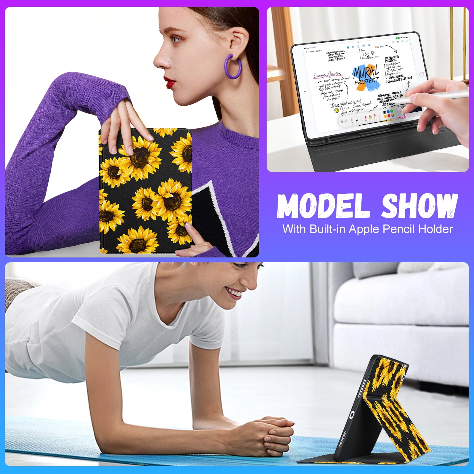 Gemfits Case for iPad 7/8/9 - Flexible Soft TPU Stand Back Cover with Pencil Holder, Auto Sleep/Wake, Sunflower_Leopard