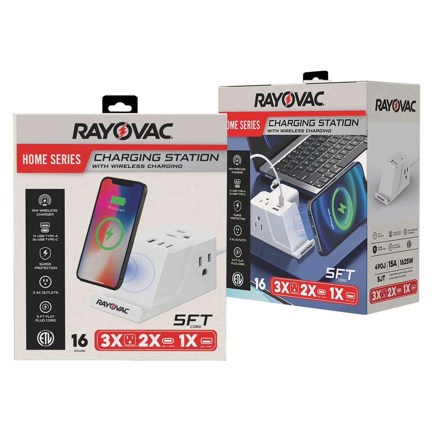 RAYOVAC Wireless Charging Station 3-AC Outlet 540-Joules Surge Protector with 1 USB-A and 2 USB-C Ports, 5-Ft. Cord