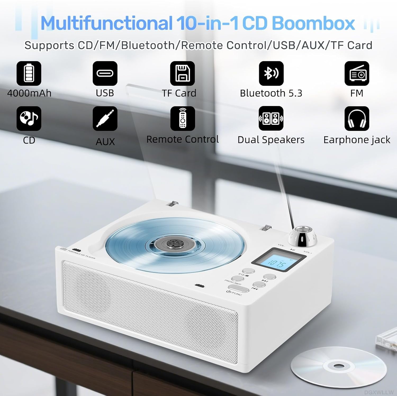 CD Player Boombox with LCD Screen Display, Bluetooth Rechargeable Boombox with CD-R/RW/MP3 Playback, Desktop CD Music Players for Home, Dual Stereo Sound, FM Radio/AUX/USB/TF