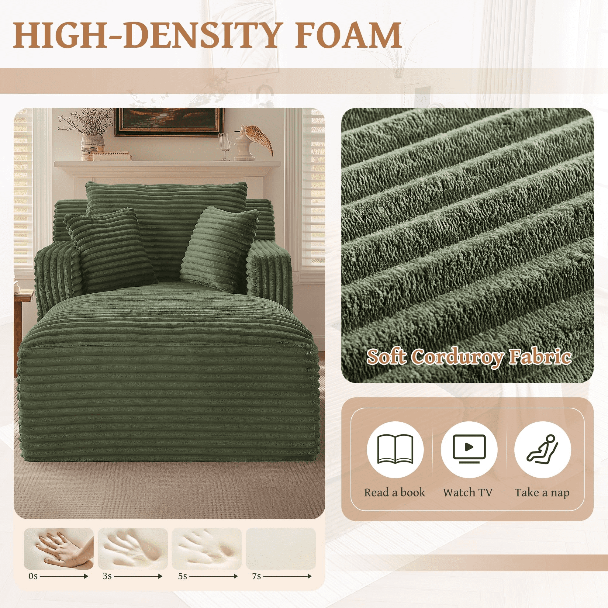 GNIXUU 65.4" Oversized Chaise Lounge Chair Indoor, Modern Corduroy Couch, Comfy Upholstered Boneless Sleeper Sofa with 3 Throw Pillows, Fluffy Reading Chairs Bed for Living Room,Green