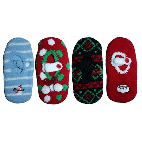 Women’s Christmas 4 Pair Soft Worm and Fuzzy Mary Jane Slippers