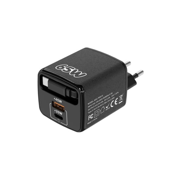 ADC-PD013 Sugar Cube 65W Type-C and USB Dual-port Fast Charger with Type-C Retractable Cable Plug