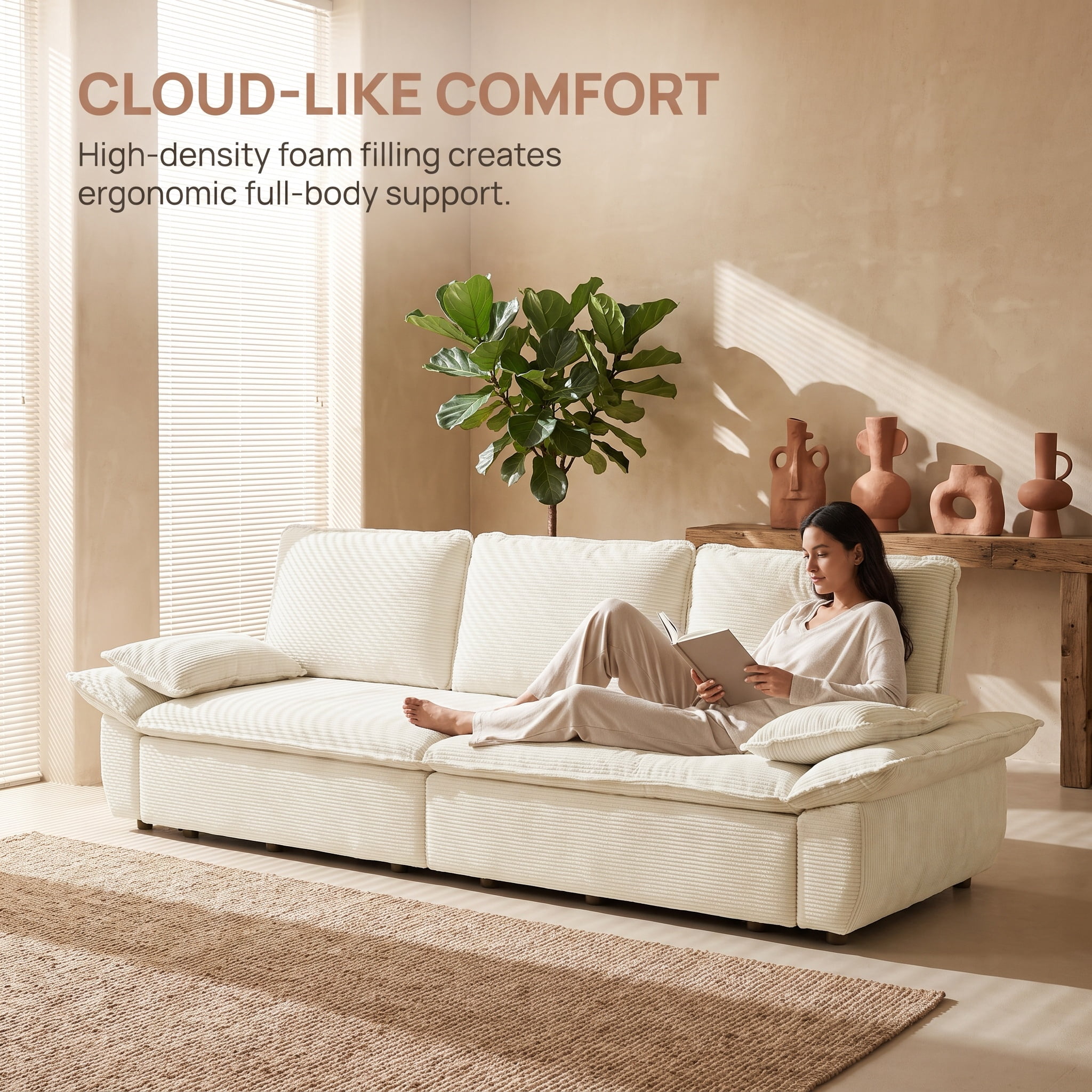 3-in-1 King Size Sleeper Sofa Bed, 94.5" Corduroy Convertible Pull Out Couch with Steel Frame, Modern Folding Lounge Sofa for Living Room, White