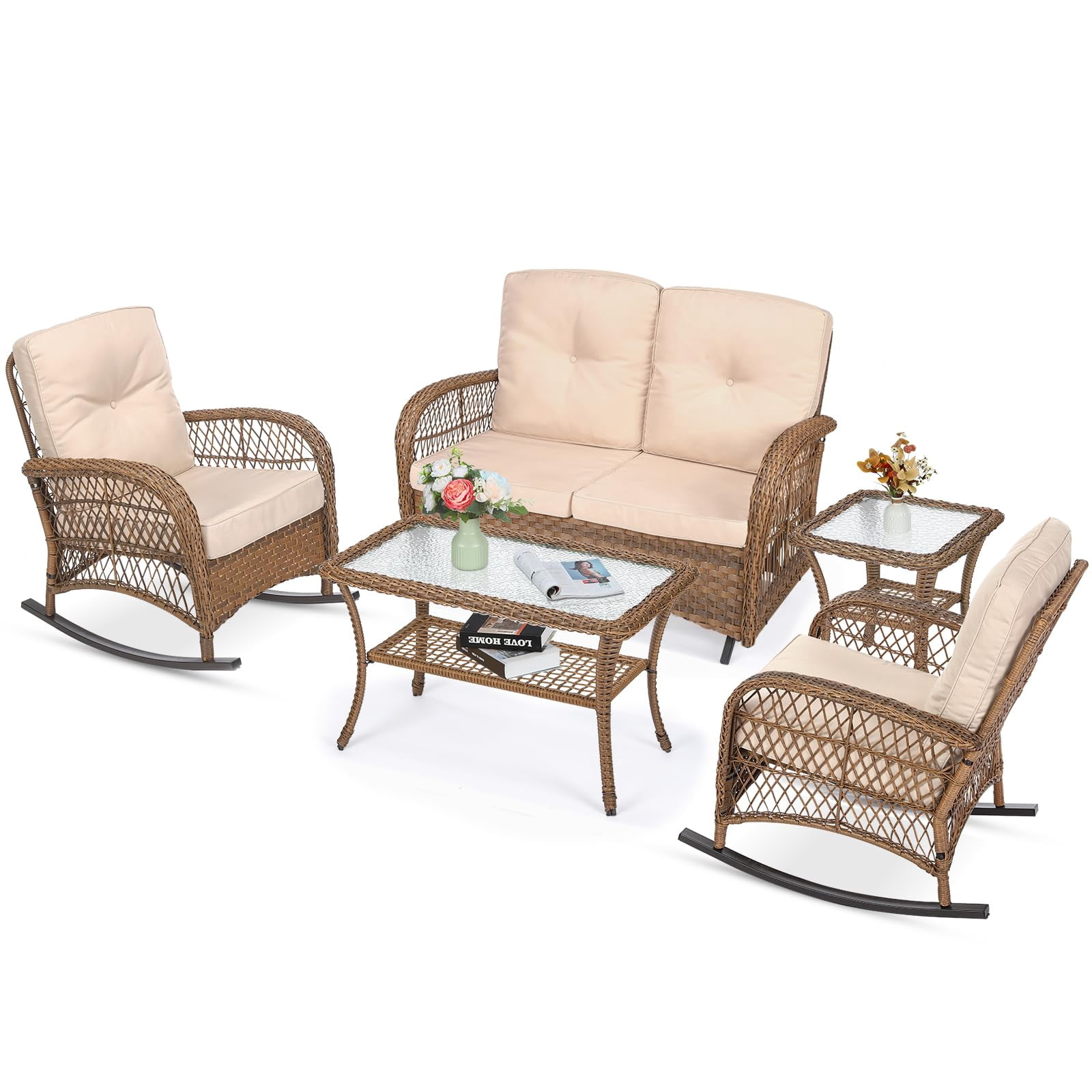 VIVIJASON 5-Piece Outdoor Patio Wicker Conversation Sets, All Weather Outdoor Rattan Furniture Set Includes Glider Loveseat, 2 Coffee Table, 2 Rocking Chairs with Cushions for Backyard, Light Brown