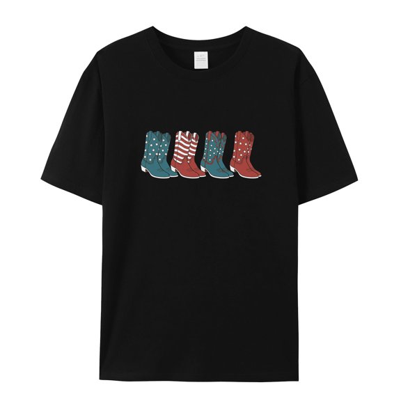 Women's Graphic T-Shirt Tops Black M Patriotic Western Boots Women's Tops Crew Neck Short Sleeve Tees