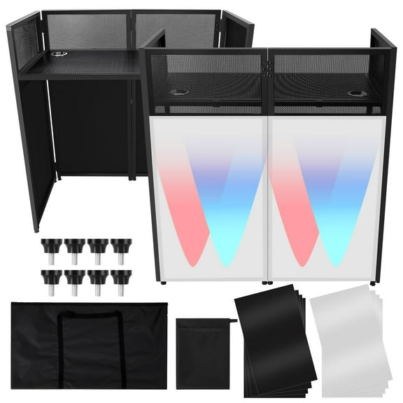 Huisuilinss Portable DJ Facade Booth,Portable DJ Booth,Foldable DJ Table Stand,Metal Frame DJ Table Station,DJ Booth Panel With White & Black Scrim,Adjustable Feet For Show Party Gathering