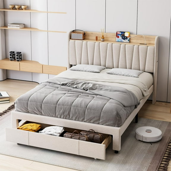 Full Size Bed Frame with Storage Headboard and Charging Station, Platform Bed Frame with Drawers, No Box Spring Needed, Easy Assembly,Noise-Free Support, Solid Wooden Slats