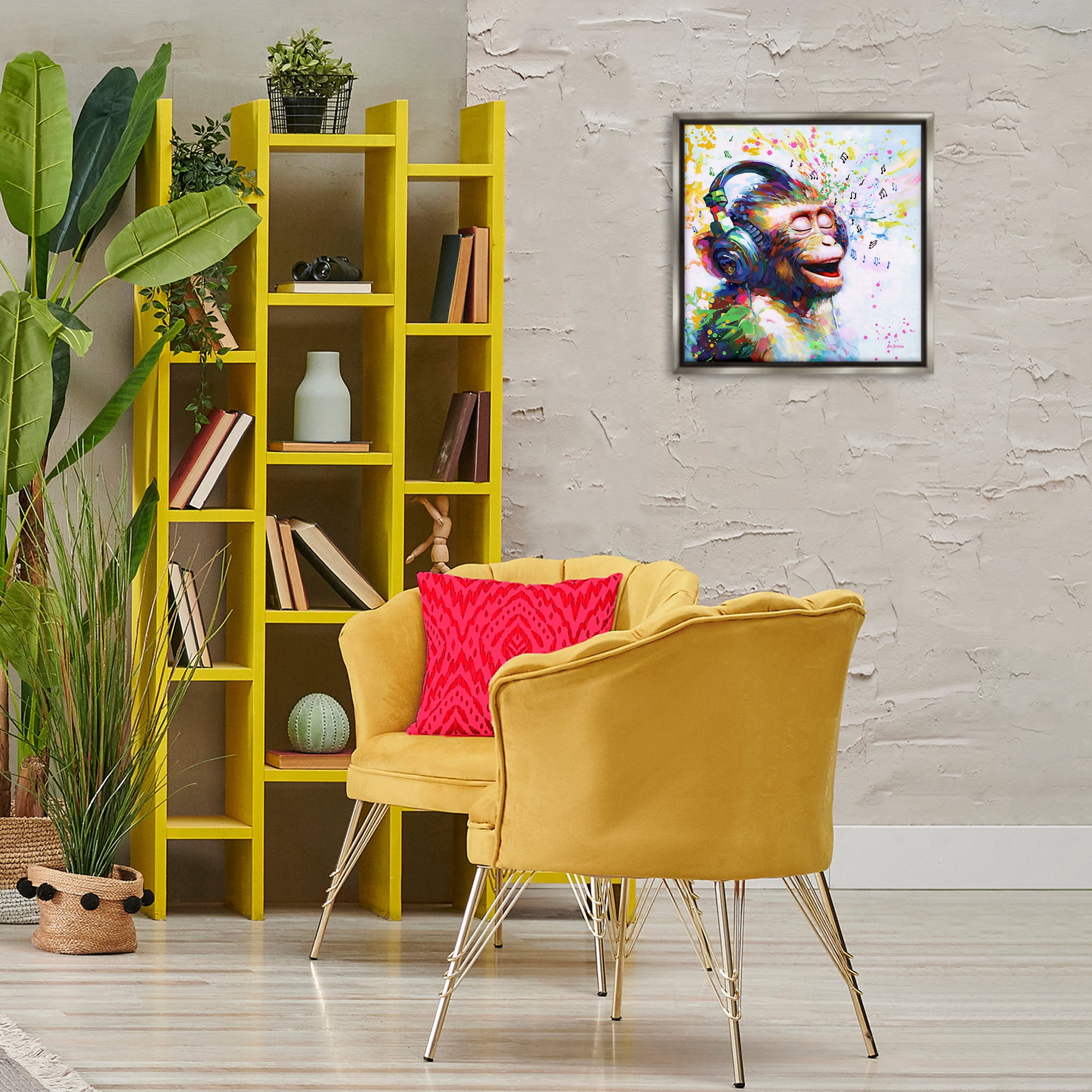 Stupell Industries Blissful Beats Monkey Animals & Insects Painting Gray Floater Framed Canvas Art Print Wall Art, 18 x 18