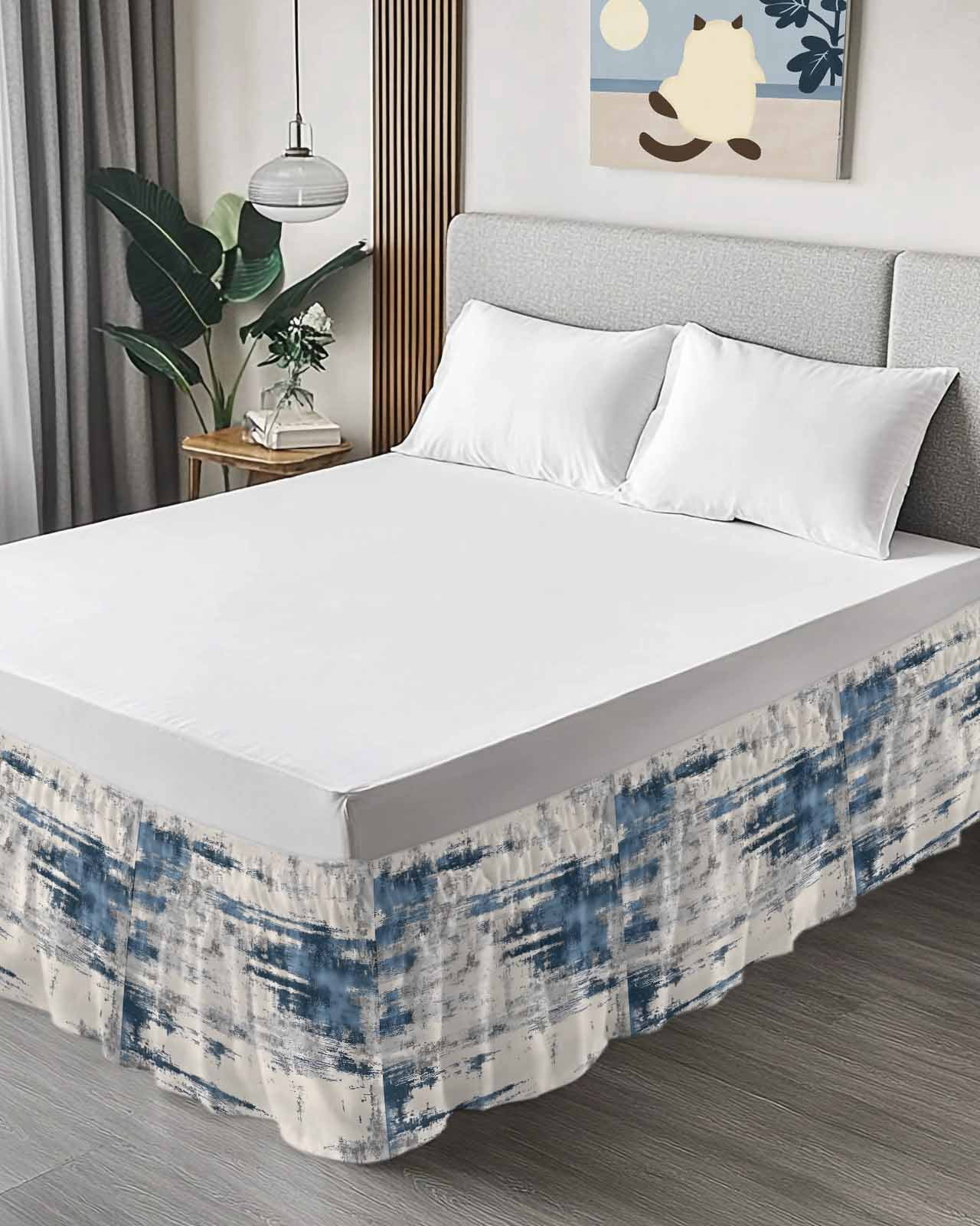 Blue Grey Shabby Bed Skirt King Size 16" Drop Vintage Abstract Art Modern Ruffled Wrap Around Bed Skirts Adjustable Elastic Bedskirt Dust Ruffle for King Size Bed