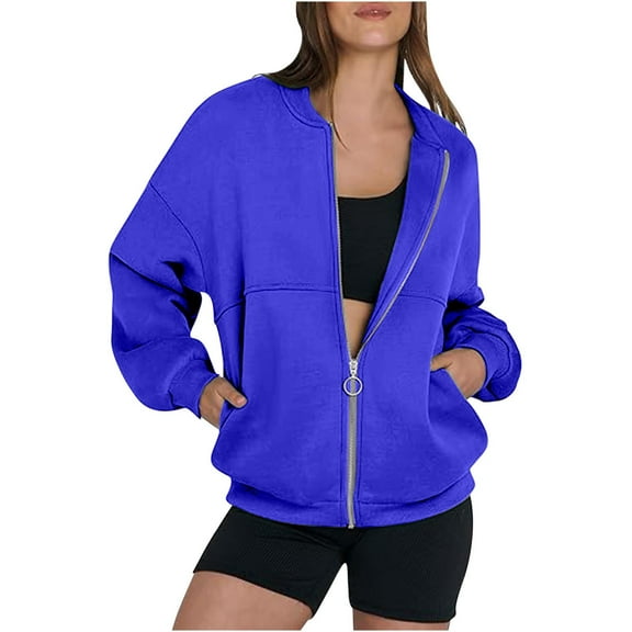 yardsong Full Zip Up Sweatshirt Women No Hood Fall Winter 2025 Trendy Casual Loose Long Sleeve Workout Collared Jacket with Pockets Blue,M