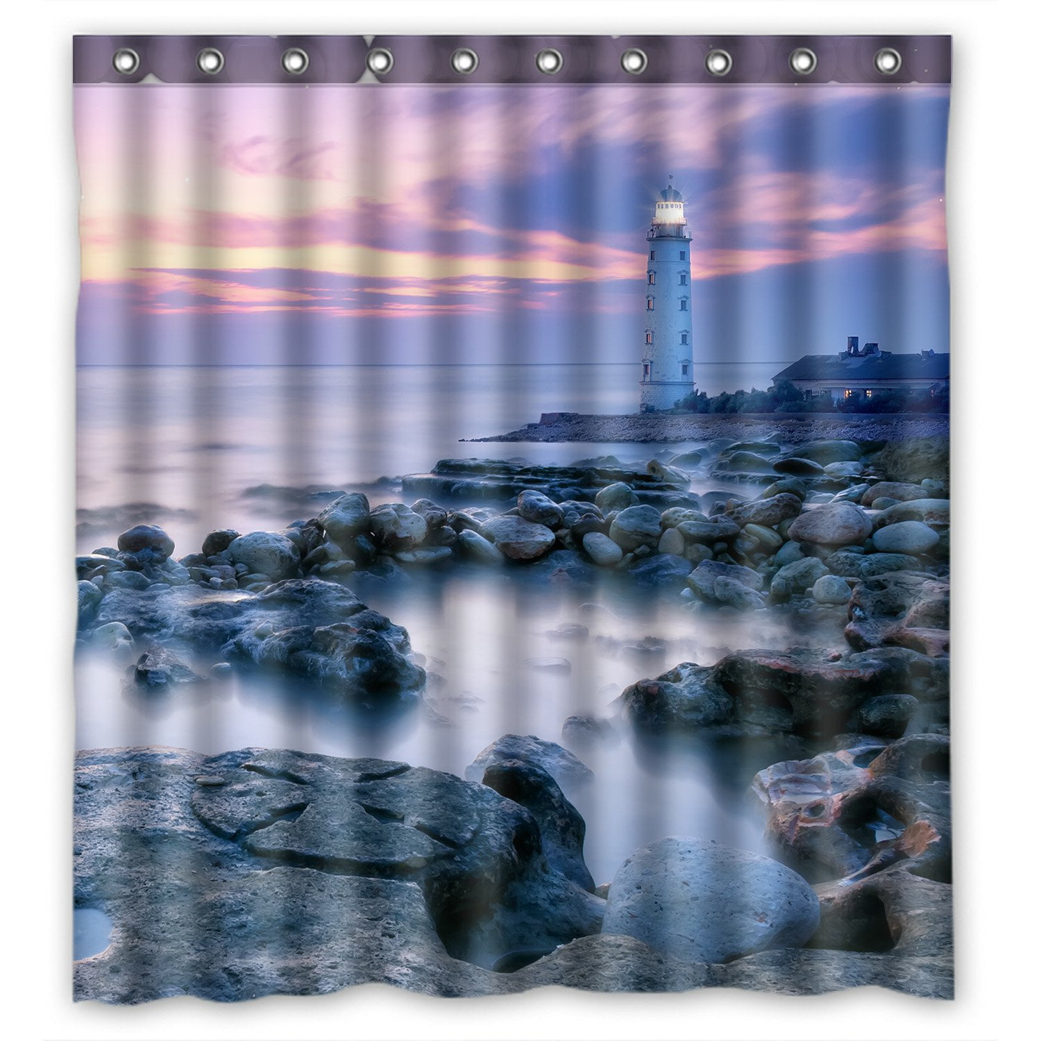 PHFZK Seascape Shower Curtain, Buautiful Lighthouse at Sunset Time Polyester Fabric Bathroom