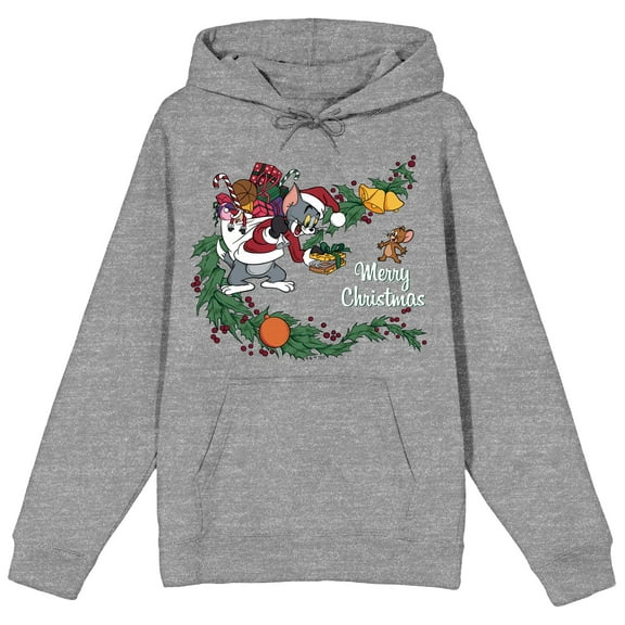 Tom & Jerry Christmas Goodie Bag Long Sleeve Gray Heather Adult Hooded Sweatshirt-Medium