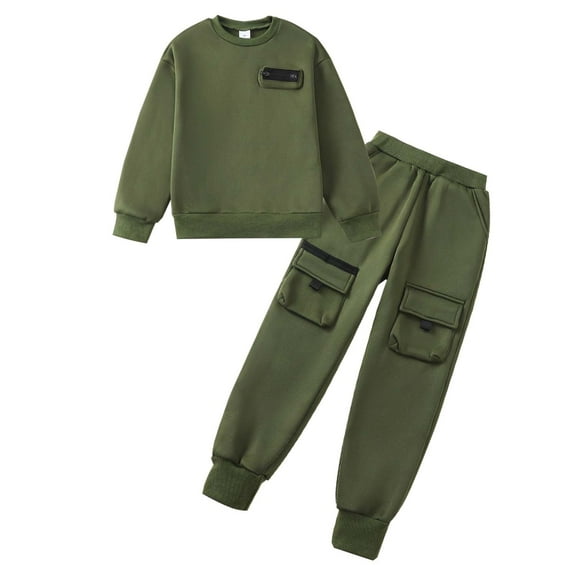 Kucnuzki 9 Years Big Boys Outfit Set 10 Years Tween Boy Pants Sets Long Sleeves Pullover Sweatshirt Top Pockets Sweatpants 2pcs Clothing Green