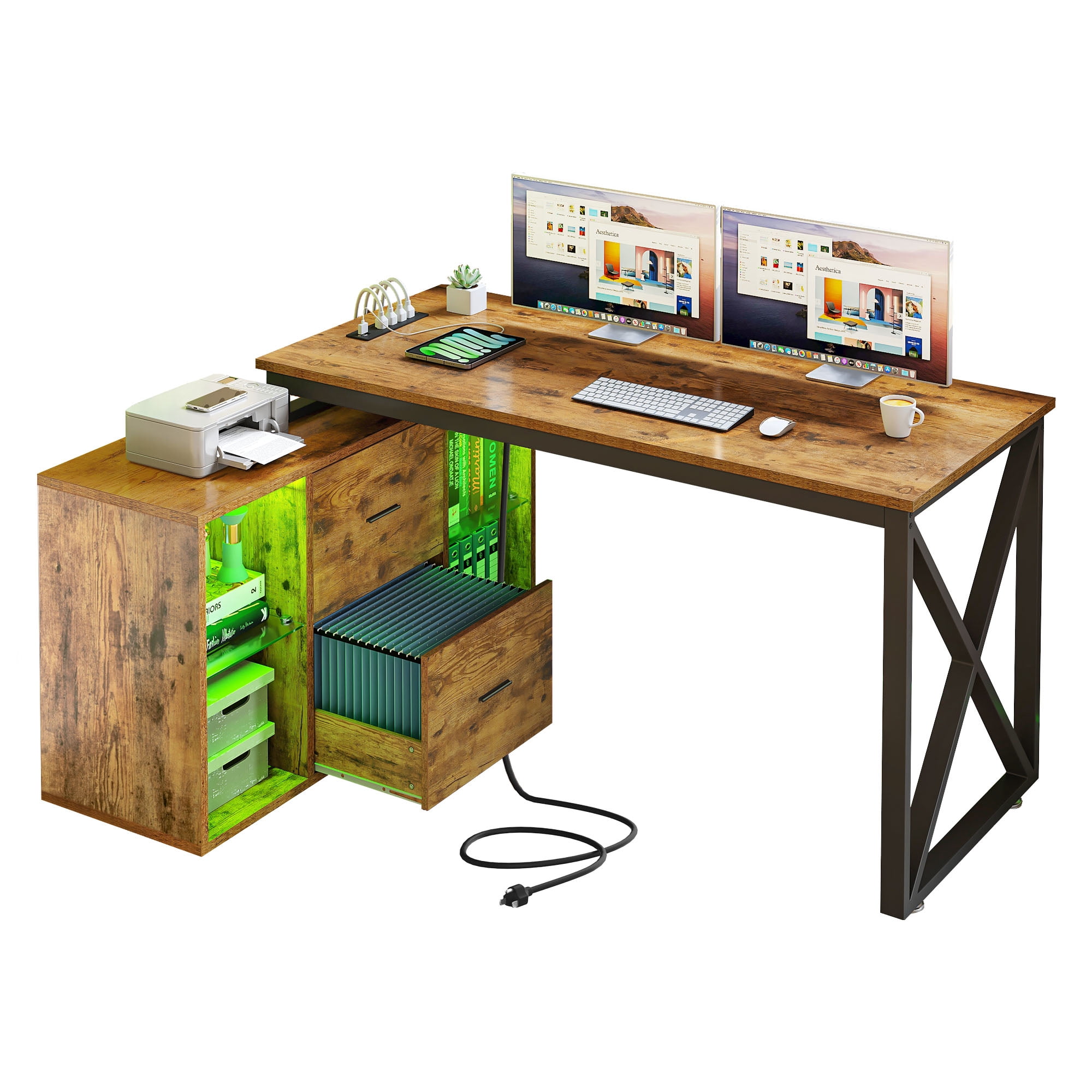 Dextrus L Shaped Desk with LED Light & Power Outlets, 55 inch Reversible Corner Desk with File Cabinet & Storage Shelves, Computer Desk Office Desk Writing Desk, Brown