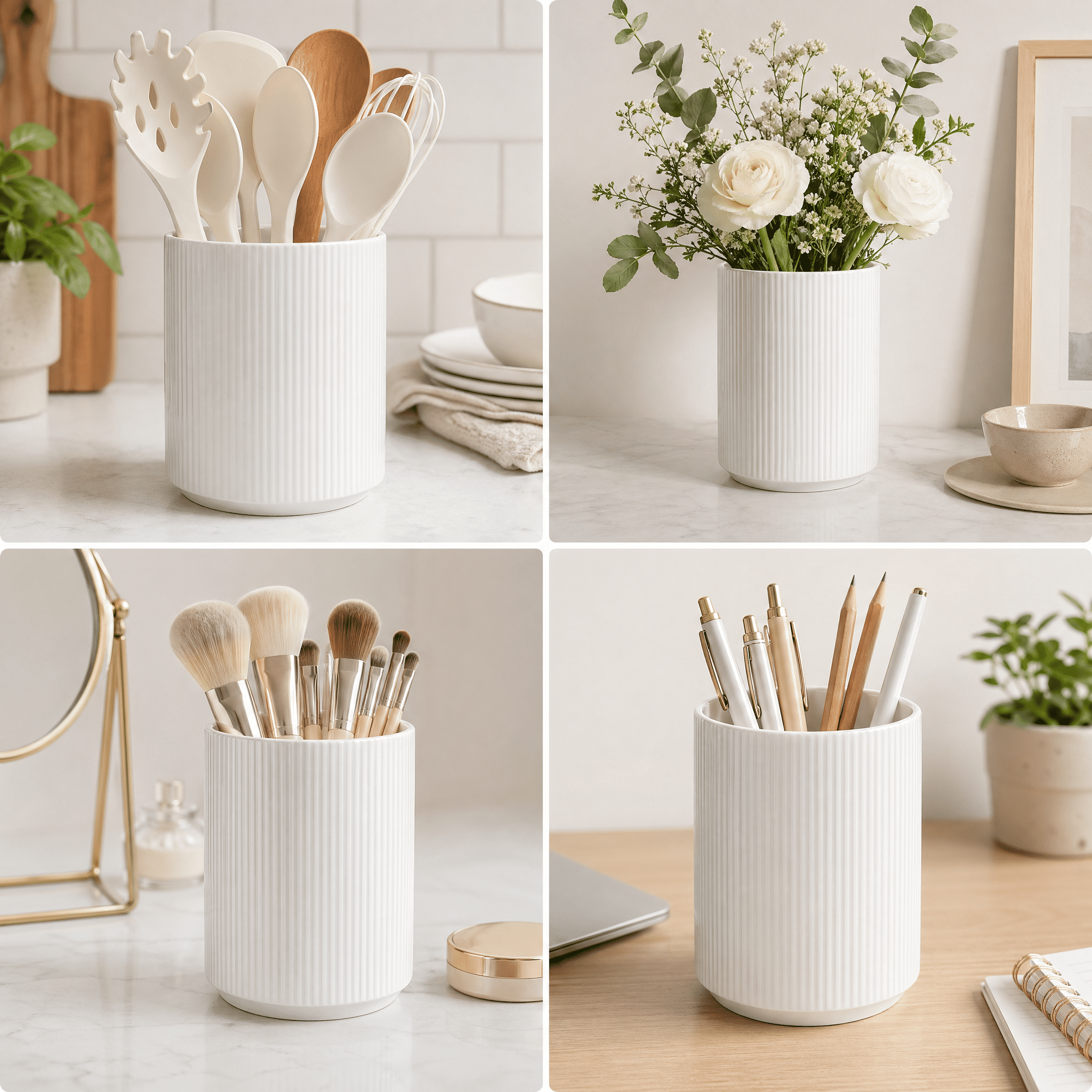 KSENDALO 2-Pack White Ceramic Utensil Holder Set(utensils not include), 7" & 4.5" Tall Farmhouse Kitchen Counter Storage Jars, Ribbed Utensil Crock for Silverware & Flower Display