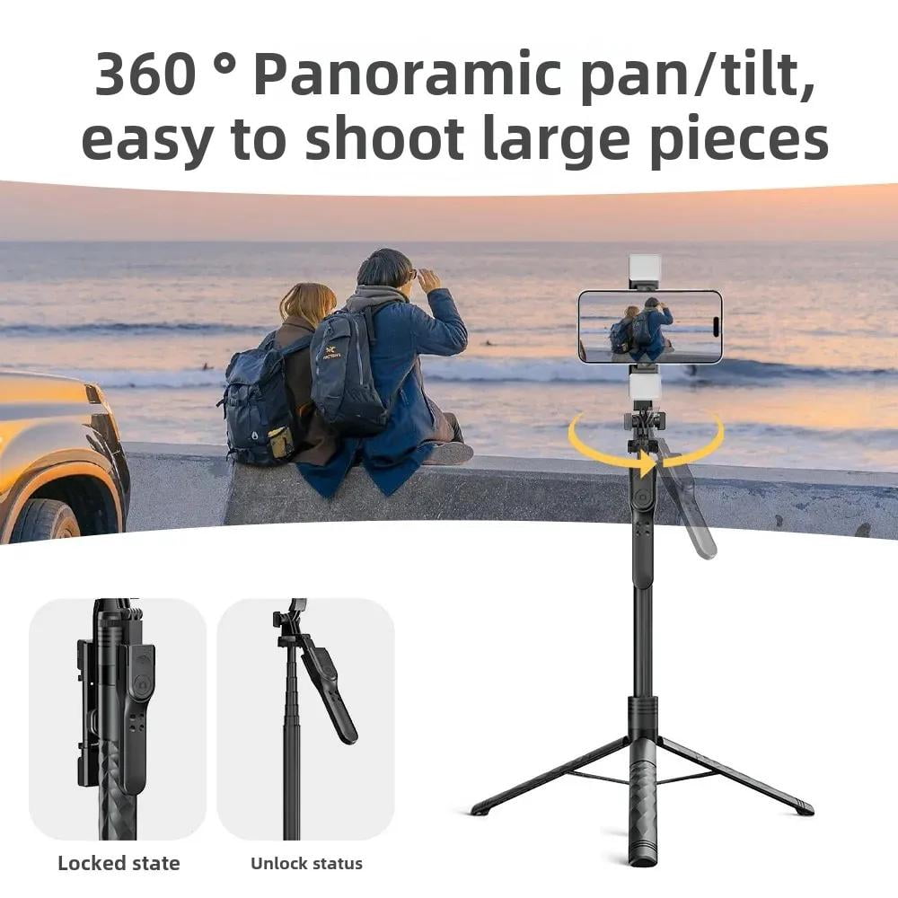 68" Wireless Selfie Stick Tripod Stand With Foldable Remote and Light For Phone Live Streaming Video Recording Adjustable Extendable Portable Phone Mount Accessory