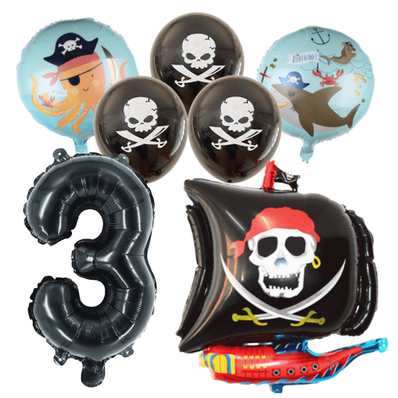 Pirate Party Balloons Number 3rd Birthday Set Black Blue Foil