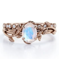 JeenMata Art Deco Filigree Milgrain - 1.5 Carat Egg Cut Blue Moonstone and Moissanite - Beautiful Leaf Bridal Ring Set - 18K Rose Gold Plating over Silver