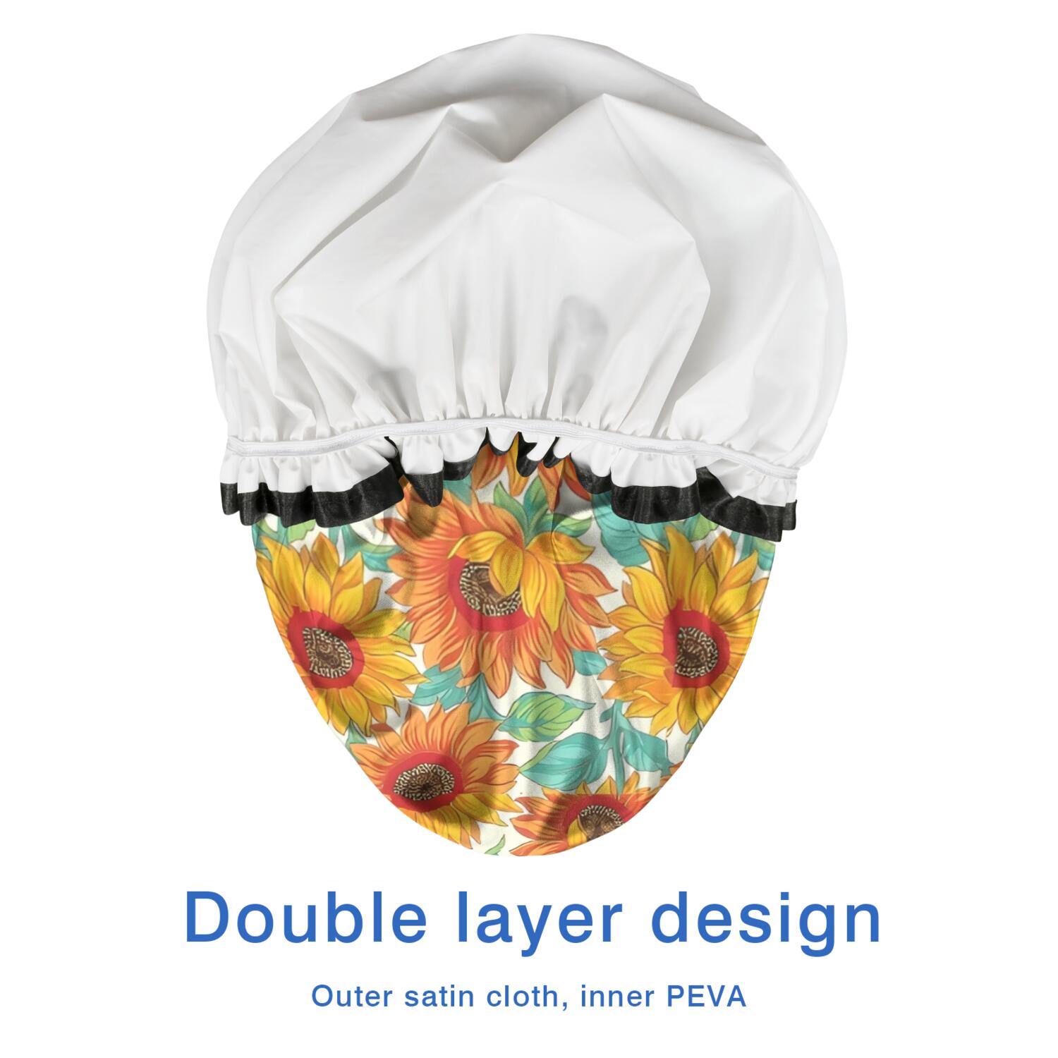 Shower Caps,White Orange Sunflower Pattern Waterproof Shower Cap for Women 4 Pieces,Double Reusable Hair Cover for Shower PEVA Elastic Stretch Hem