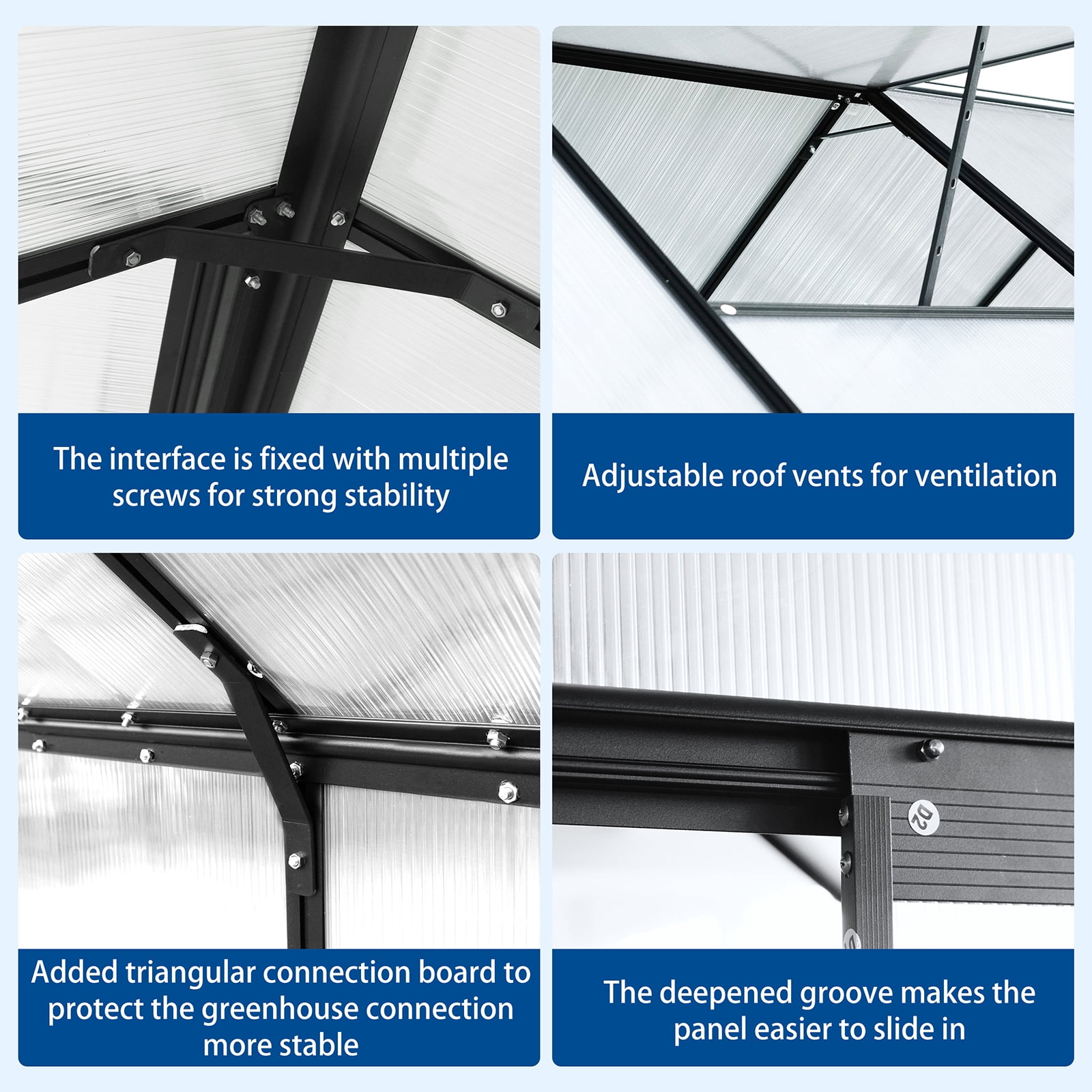 Polycarbonate Greenhouse, Walk In Greenhouse With Drainage System & Galvanized Base, Sliding Door, Adjustable Roof, Rust-proof Aluminum Alloy Frame Walk-in Greenhouses