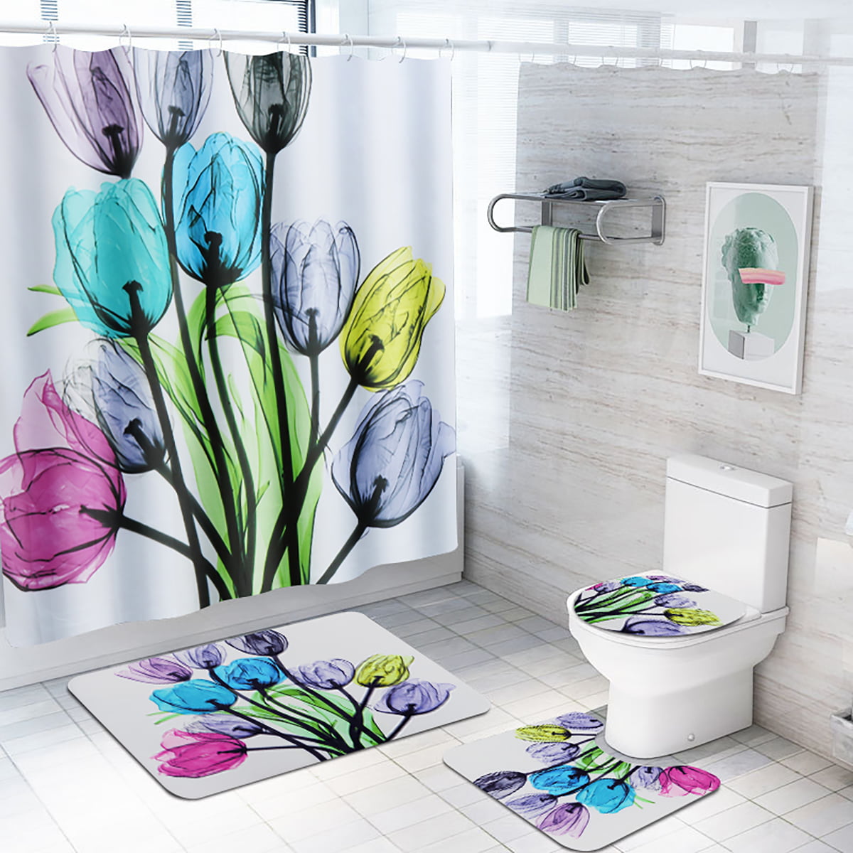 Details about   Flower Design Bathroom Waterproof Fabric Shower Curtain & Hooks Set Bathmat NEW 