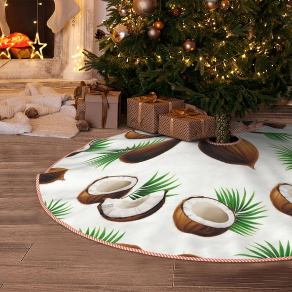 Halloween Christmas Tree Skirt - coconuts palm leaves 30 Inches Christmas Tree Skirt for Halloween Holiday Indoor Home Christmas Tree Decorations with Three Ribbons