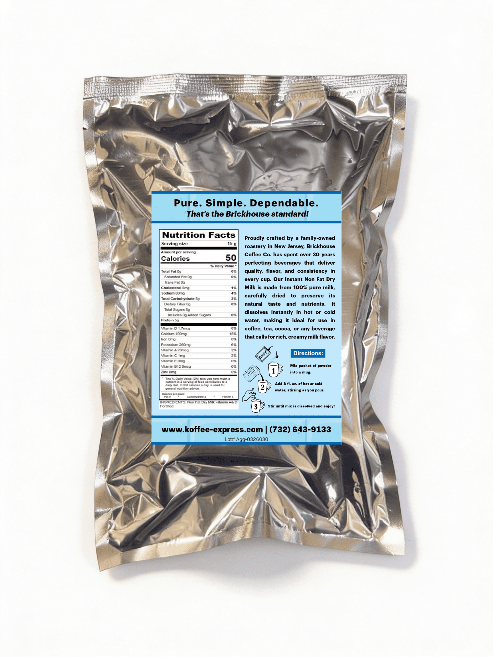 Non-Fat Dry Milk Instant Mix Packets – 15g Each, 100 Pack – Vitamin A & D Fortified, Shelf-Stable Powdered Milk