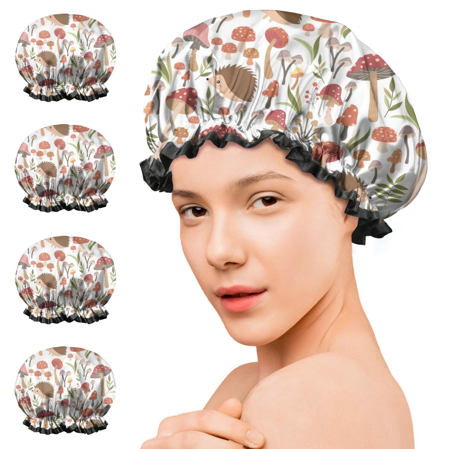 Shower Caps,Cute Hedgehogs and Red Mushrooms Snails Pattern Waterproof Shower Cap for Women 4 Pieces,Double Reusable Hair Cover for Shower PEVA Elastic Stretch Hem