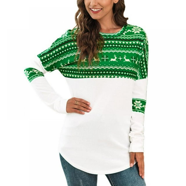 Women Christmas Print Tops Femael Long Sleeve O-neck Splicing Tee Spring Autumn Slim Tops