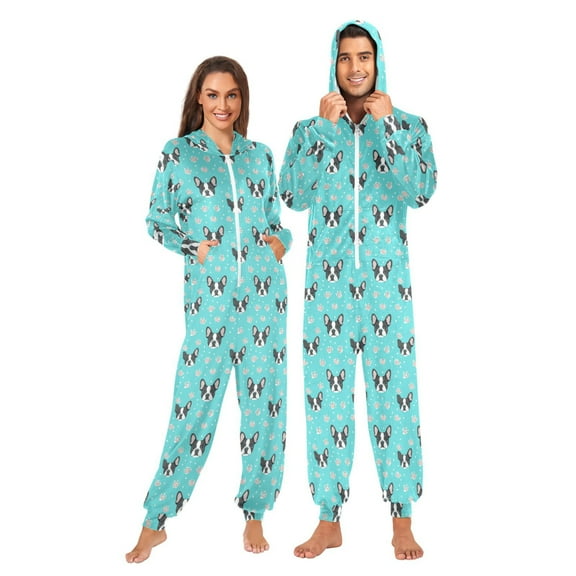 Wobogo Black Bulldog Unisex Pajamas Hooded Onesie Jumpsuit Zipper version Non-Footed Women&Men