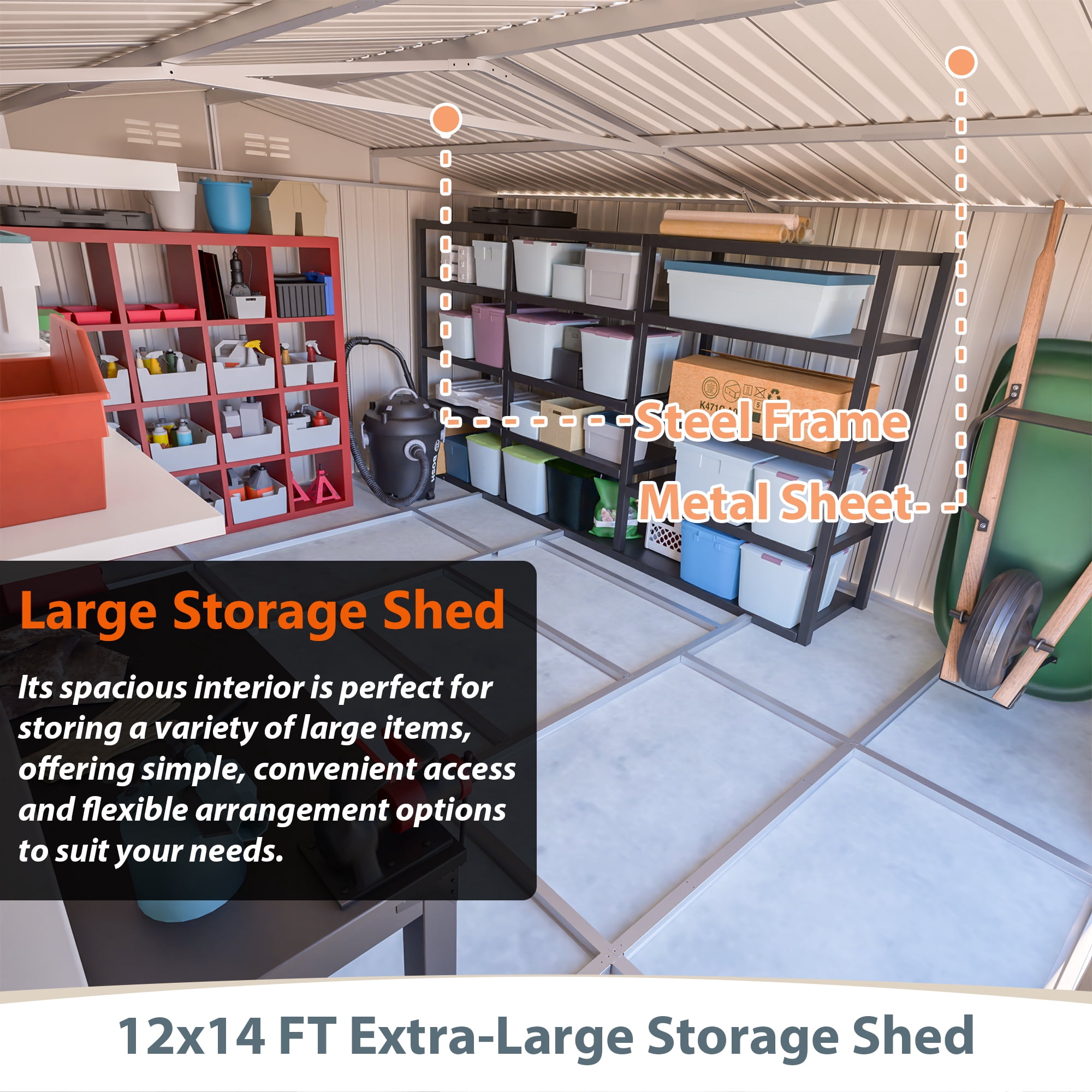 DTTRA 12 x 14 FT Outdoor Metal Storage Shed with Floor Frame Kit, Galvanized Steel Waterproof Garden Shed with Lockable Double Doors and 4 Vents, Building Tool Sheds for Backyard Patio Lawn, Gray
