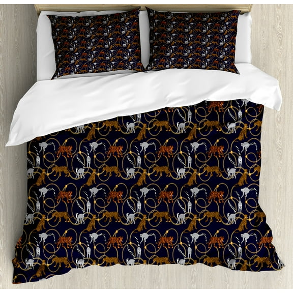 Lemur Duvet Cover Set, Exotic Tiger Leopard Madagascar Monkey Chains Abstract Repeating Pattern, Decorative 3 Piece Bedding Set with 2 Pillow Shams, Calking Size, Apricot Dark Navy Blue, by Ambesonne