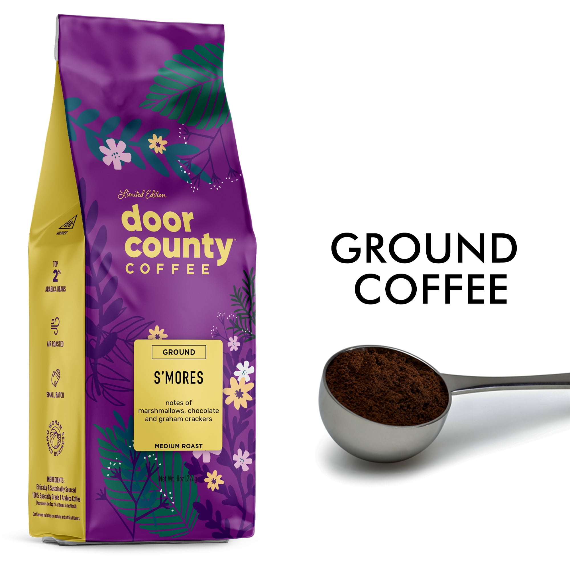 Door County Coffee S'mores Flavored Specialty Arabica Coffee, Medium Roast, Ground, 8oz Bag (Spring & Summer Limited Edition)