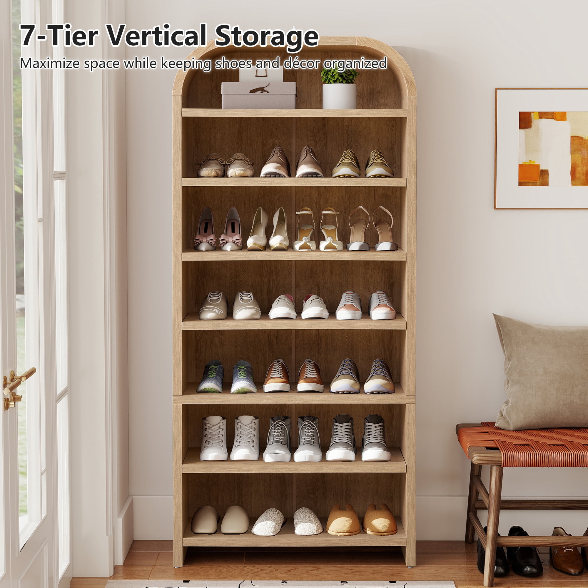 Wirrytor 7-Tier Arched Tall Shoe Cabinet, Freestanding Shoe Closet Organizer with Adjustable Shelves, Wood Rack for Entryway Hallway Bedroom, Natural
